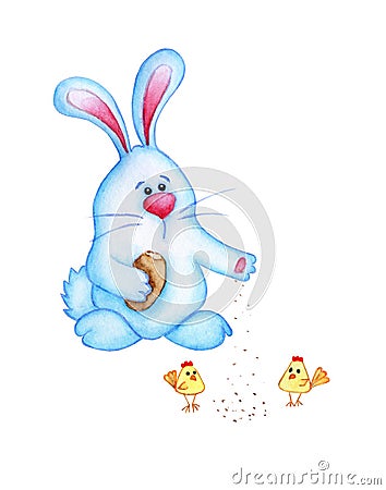 Watercolor illustration of a cute blue Easter bunny loaf feeding chickens. Vector Illustration