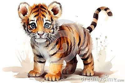 watercolor illustration of cute cartoon playful tiger cub on white background Cartoon Illustration