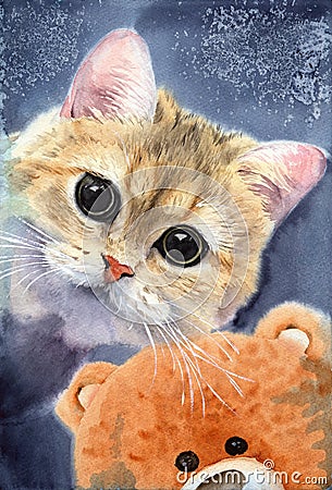 Watercolor illustration of a cute fluffy fawn cat with big black eyes Cartoon Illustration