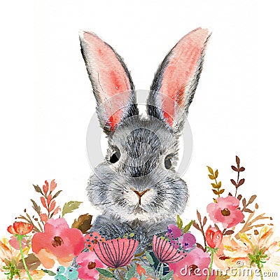 Watercolor illustration of a cute fluffy grey rabbit with pink ears Cartoon Illustration