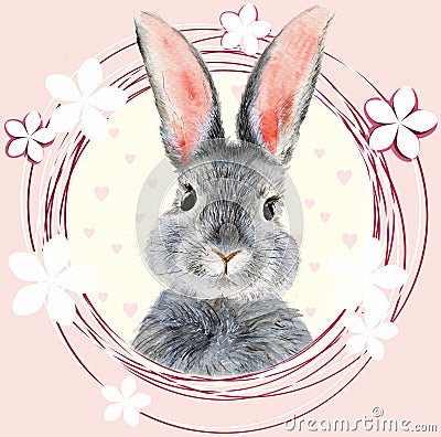 Watercolor illustration of a cute fluffy grey rabbit Cartoon Illustration