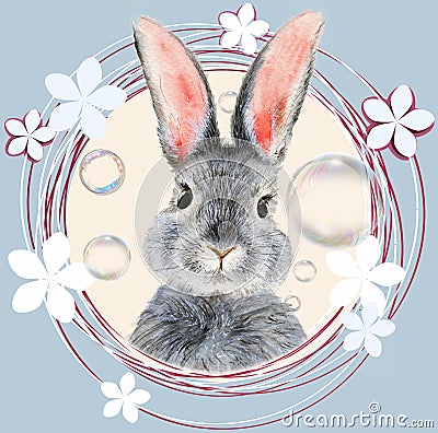 Watercolor illustration of a cute fluffy grey rabbit Cartoon Illustration