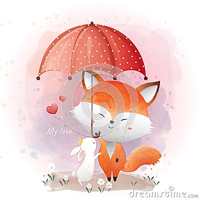 Watercolor illustration of cute foxes with a rabbit. Friends are Open an umbrella Vector Illustration