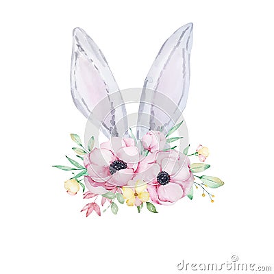 Watercolor illustration of cute gray and white Easter bunny ears Vector Illustration