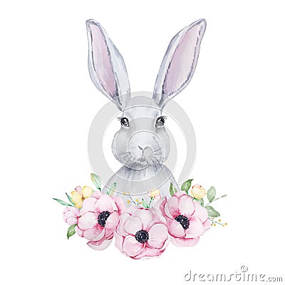 Watercolor illustration of a cute gray and white portrait of an Easter bunny Vector Illustration