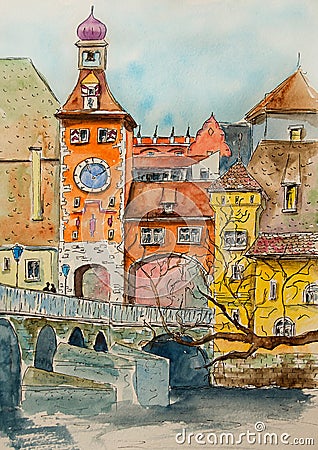 Watercolor illustration with cute houses. Hand drawn European old buildings. Watercolor sketch city landscape Cartoon Illustration