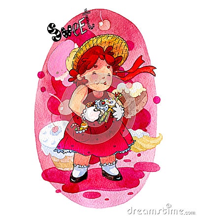 Watercolor illustration. Cute kawaii girls in the form of signs of the Chinese horoscope. Humanization of the pig. Sweet Stock Photo