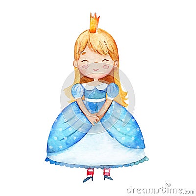 Watercolor illustration of a cute little princess in a blue dress. Little blond girl illustration. Isolated on a white Cartoon Illustration