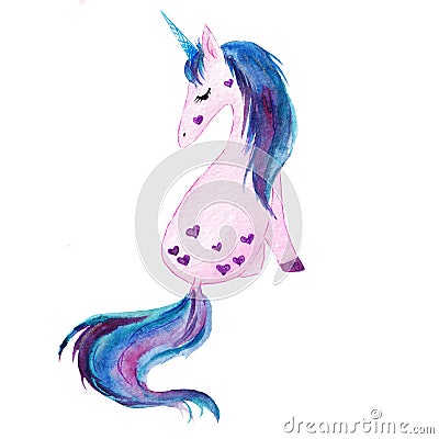 Watercolor illustration of a cute modest pink unicorn. Flirtatious horse. Cartoon Illustration