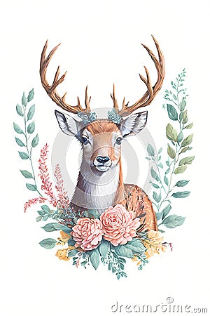 watercolor illustration of cute stag in a wreath of pastel flowers Cartoon Illustration