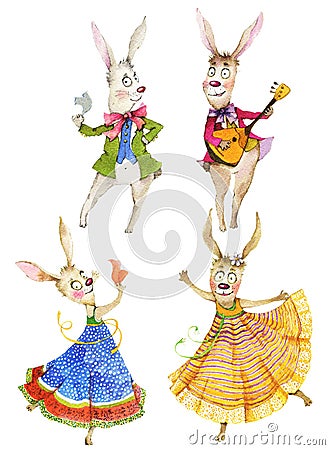 Watercolor illustration, Dancing and singing rabbits. Cartoon Illustration