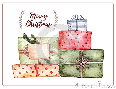 Watercolor illustration. Decorative christmas card with big pile Cartoon Illustration