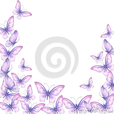 Watercolor illustration with delicate butterflies are pink, purple flying in the stream. For the design and decoration Cartoon Illustration