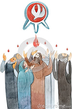 Watercolor illustration Descent of the Holy Spirit on the Apostles, Holy Trinity Day, Pentecost, whitsunday Cartoon Illustration