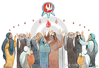 Watercolor illustration Descent of the Holy Spirit on the Apostles, Cartoon Illustration