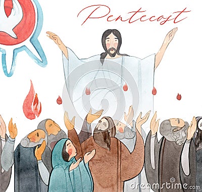 Watercolor illustration Descent of the Holy Spirit on the Apostles, Holy Trinity Day, Pentecost, whitsunday Stock Photo