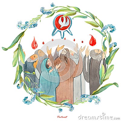 Pentecost watercolor illustration. Prayer of the apostles of men and women, the Holy Spirit in the form of a dove in a flowers Cartoon Illustration