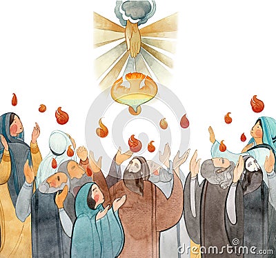 Watercolor illustration Descent of the Holy Spirit on the Apostles, Holy Trinity Day, Pentecost, whitsunday. Praying men and women Cartoon Illustration