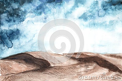 Watercolor illustration of desert landscape. Hand drawn background, wallpaper, backdrop, template for design deserts sky Cartoon Illustration