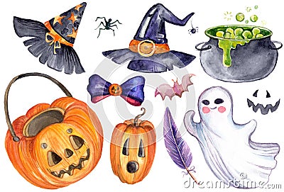 Watercolor illustration different fantasy Halloween elements set Cartoon Illustration