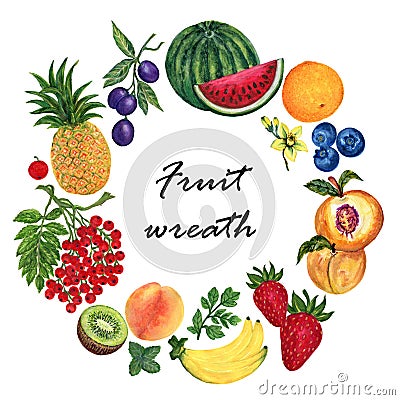 Watercolor illustration of different organic fresh fruit foods smoothies peach, plum, watermelon, pineapple, prune, berries , Cartoon Illustration