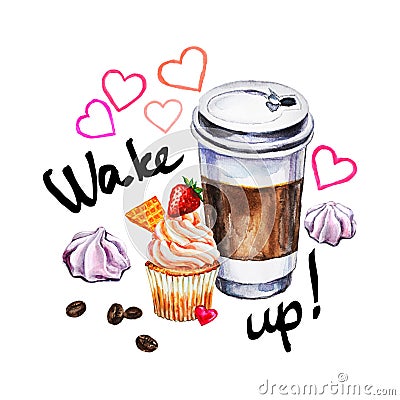 Watercolor illustration with disposable cup of coffee, cupcake Cartoon Illustration