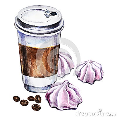 Watercolor illustration with disposable cup of coffee, meringues Cartoon Illustration