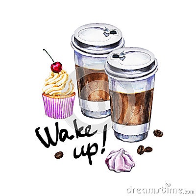 Watercolor illustration with disposable cups of coffee, cupcake Cartoon Illustration