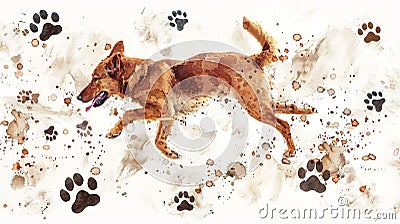 Watercolor illustration of a dog making a mess, with muddy paw prints. Abstract representation of pet-induced mayhem Cartoon Illustration