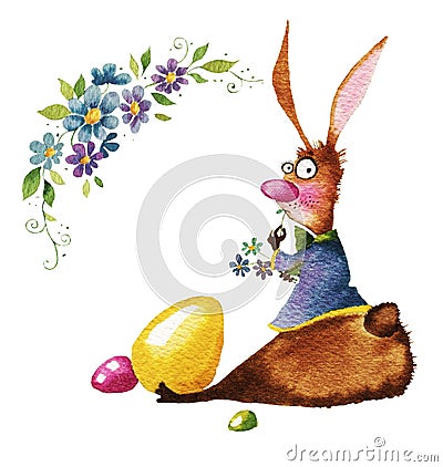 Watercolor illustration, Easter bunny. Cartoon Illustration