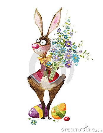 Watercolor illustration, Easter bunny. Cartoon Illustration