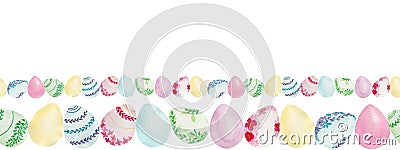 Easter ornamental border with cute Easter eggs, watercolor seamless border with pastel colored eggs on white Cartoon Illustration