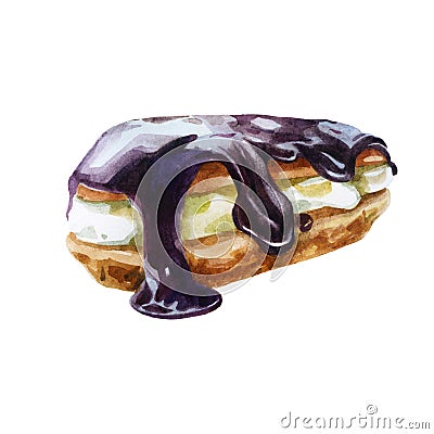 Watercolor illustration, eclair. Rich pastries. Bun with cream and chocolate glaze Cartoon Illustration