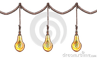 Watercolor illustration. Edison lamps, loft style in the form of a pear , vintage on a rope. Cartoon Illustration