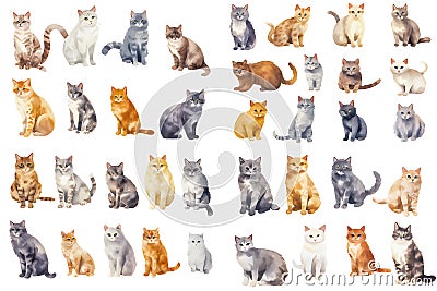 Watercolor of elements of Cats of various breeds in cute poses. Created using Generative AI Cartoon Illustration