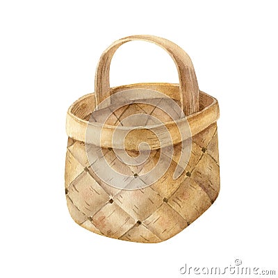 Watercolor illustration with empty wicker birch bark basket isolated on the white background. Cartoon Illustration