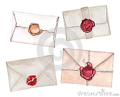 Watercolor illustration of envelope with love letter inside and red wax seal Cartoon Illustration