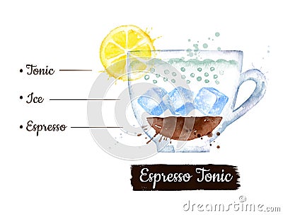 Watercolor illustration of Espresso-tonic coffee Cartoon Illustration