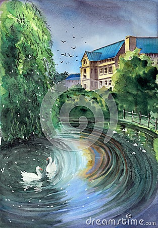 Watercolor illustration of an estate on the shore of a small lake Cartoon Illustration