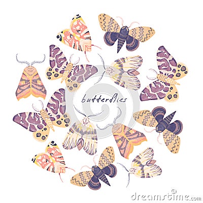 Watercolor illustration with exotic butterflies, moths set isolated on white background. Round frame. Perfect for you Cartoon Illustration