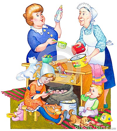 Watercolor illustration. Family in kitchen preparing meal Stock Photo