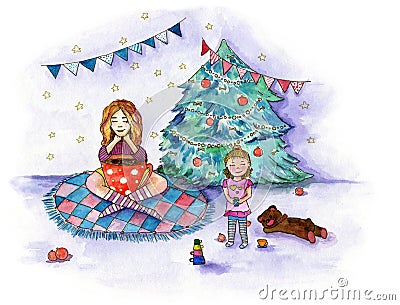 Watercolor illustration about family tea party in December near Christmas tree. Cartoon Illustration