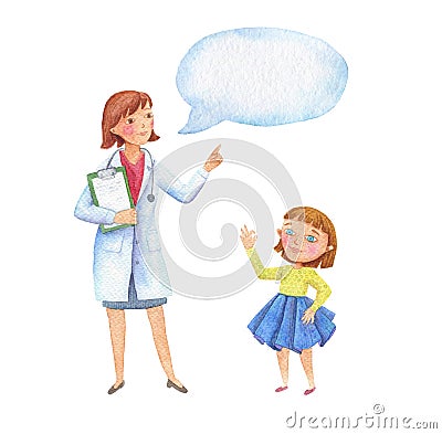 Watercolor illustration Female doctor pediatrician tells child girl. illustration of a children`s doctor Stock Photo