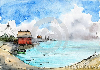 Watercolor illustration of a fisherman`s house with a red roof on stilts Cartoon Illustration