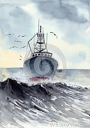 Watercolor illustration of a fishing boat in a rough dark blue stormy sea Cartoon Illustration