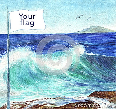 Watercolor illustration flag by the sea. Independence day. Postcard, poster, web. Cartoon Illustration