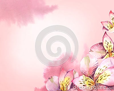 Floral horizontal background of rose flowers and watercolor spl Cartoon Illustration