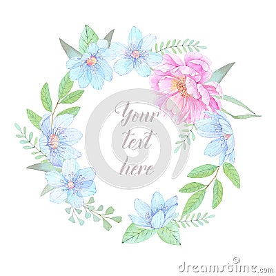 Watercolor illustration. Floral wreath with leaves, peonies and Cartoon Illustration