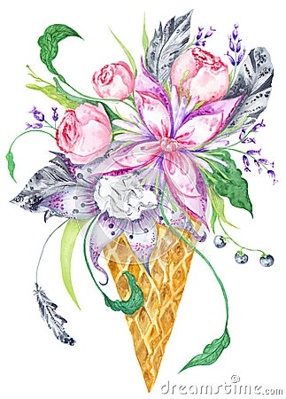 Watercolor Illustration with Flowers in Waffle Cup Stock Photo