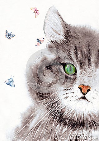 Watercolor illustration of a fluffy tabby cat with a beautiful green eye Cartoon Illustration